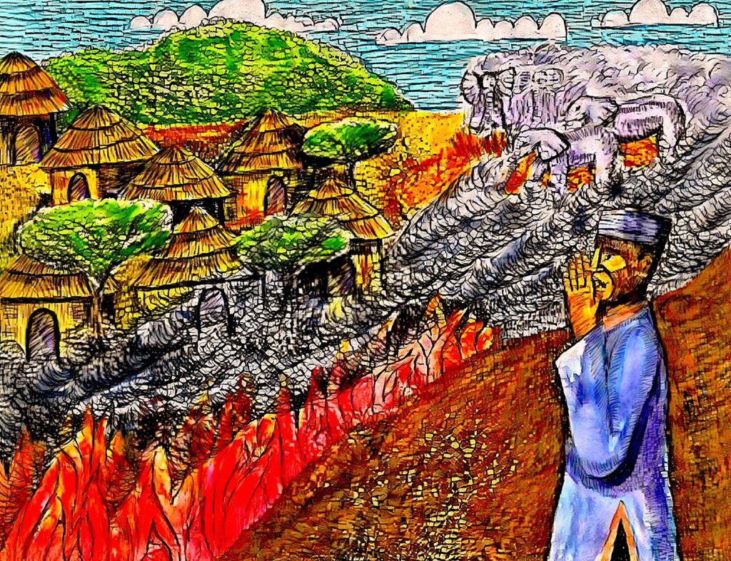 Ahmed yells to warn villagers about fire.