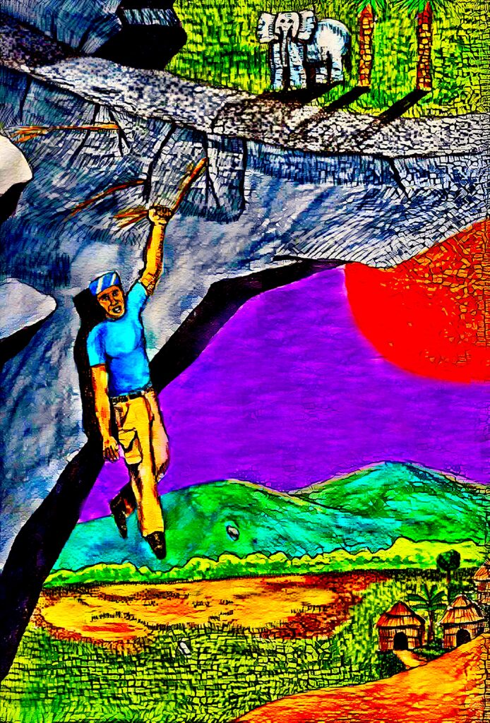 Ahmed hanging from the side of a cliff.