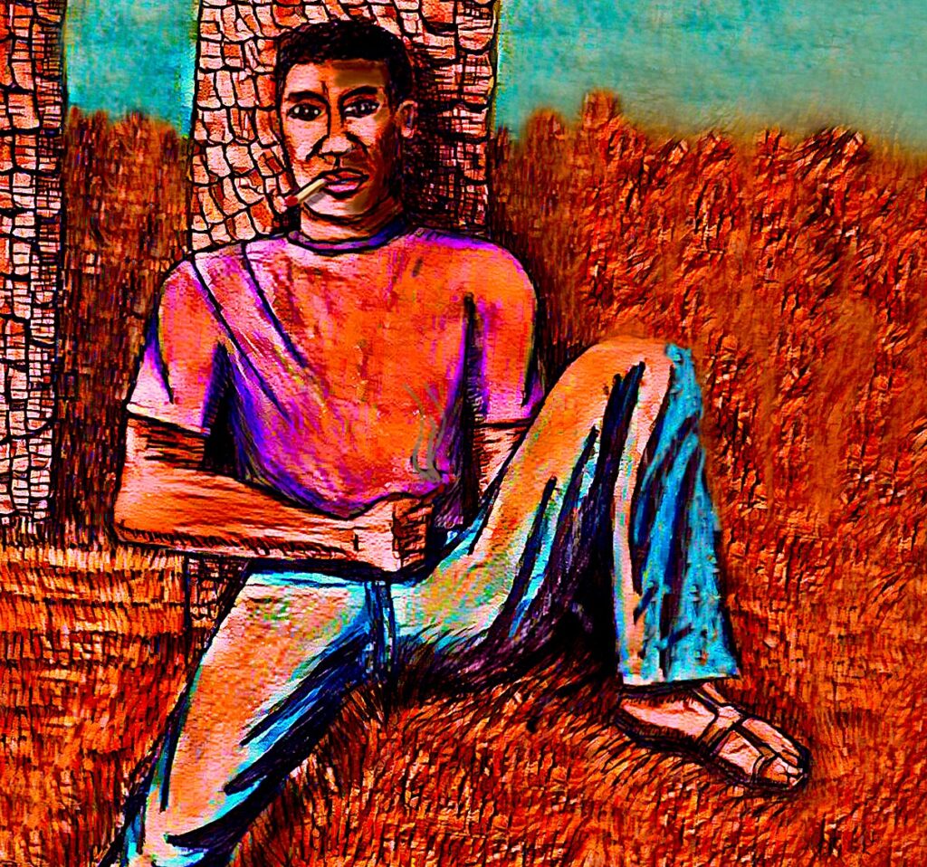 Troublemaker smokes under a tree.