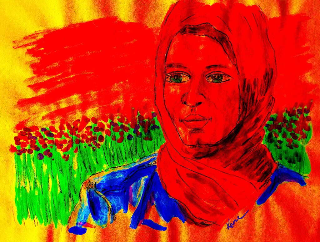 Muslim girl in a field.