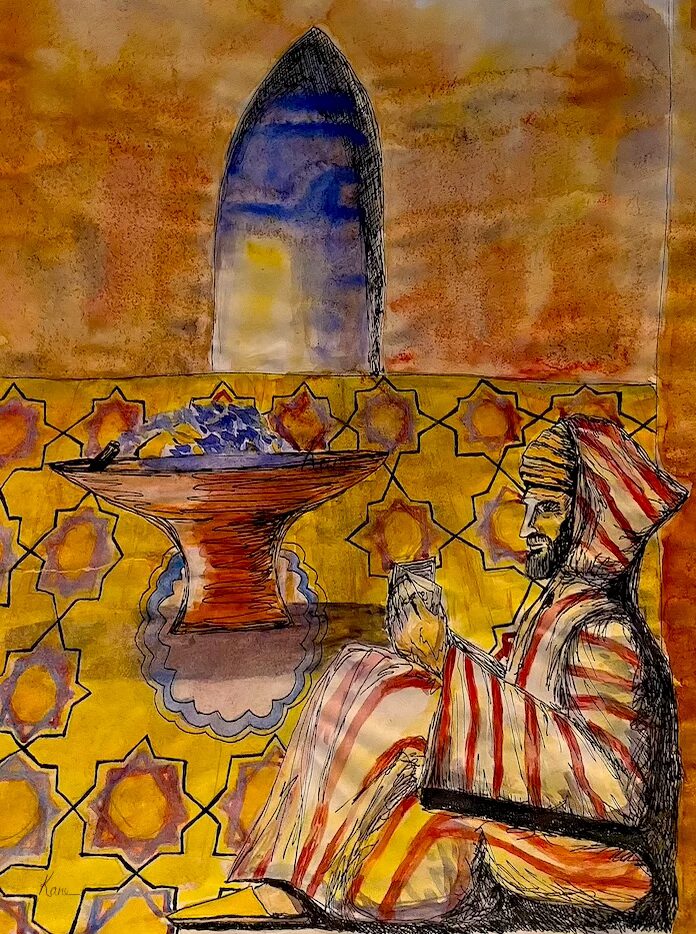 Old man sitting in a mosque reading.