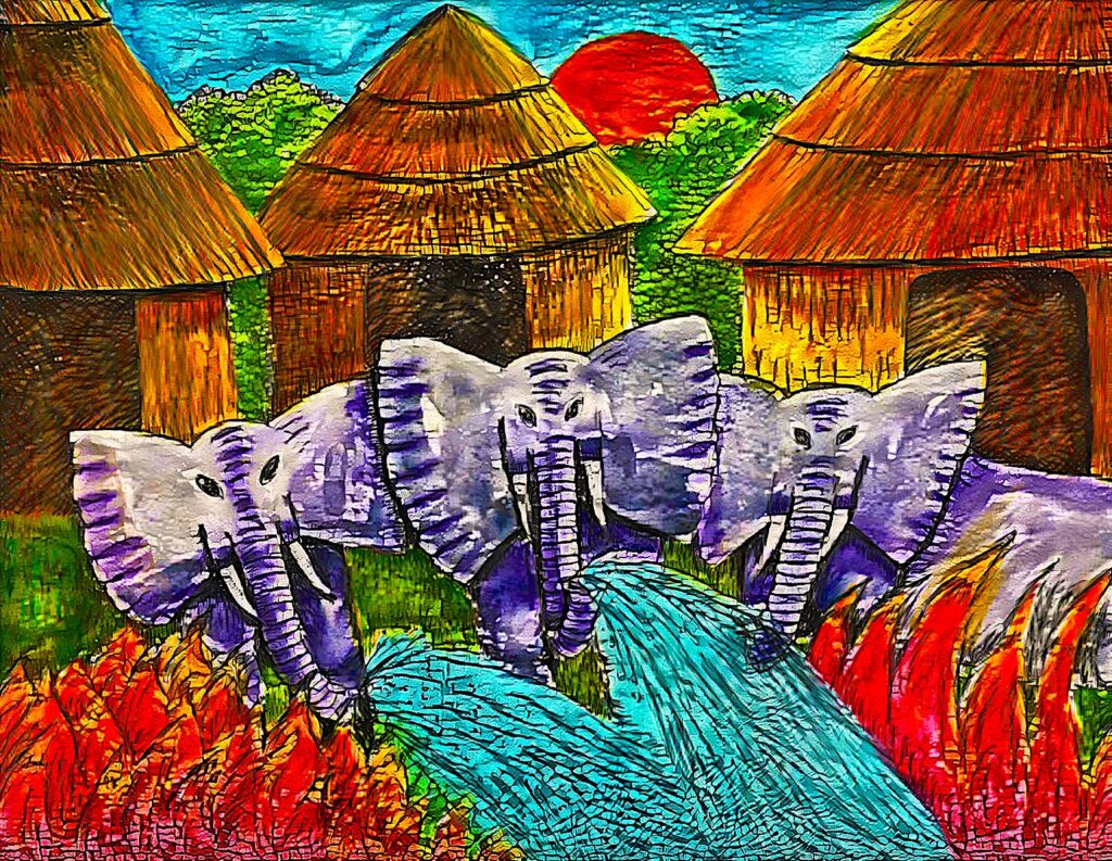 Elephants put out fire.
