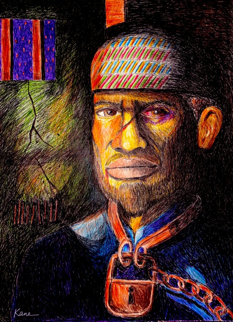 Illustration of a black man with shackles around his neck.