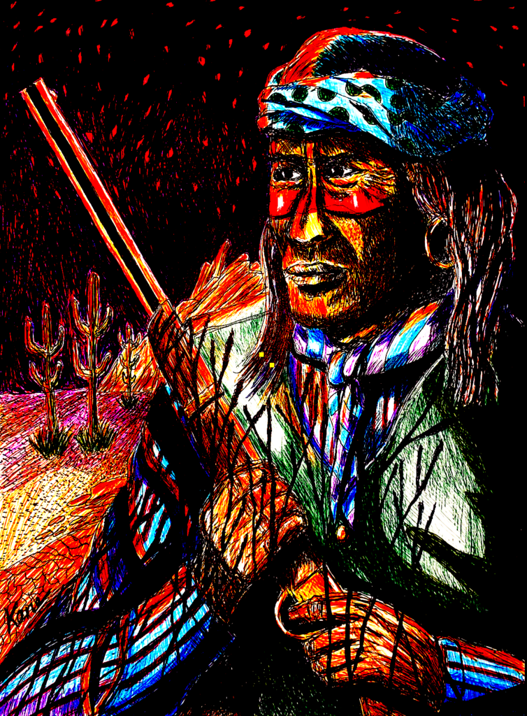Illustration of an Apache guard with a rifle at night.