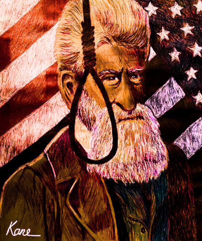 Illustration of John Brown with a noose in from of him and an upside down flag behind him.