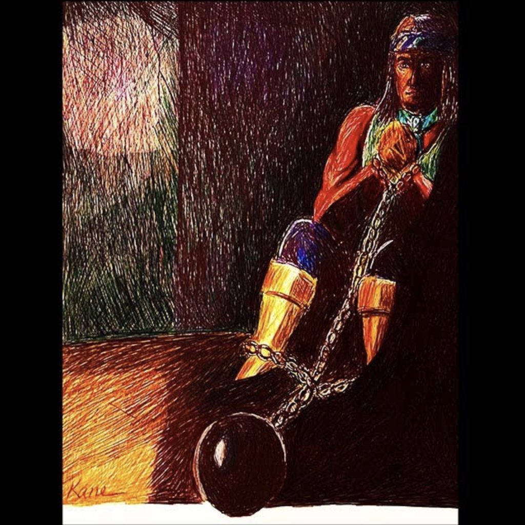 Apache sitting in dark prison cell and chained to a heavy metal ball.
