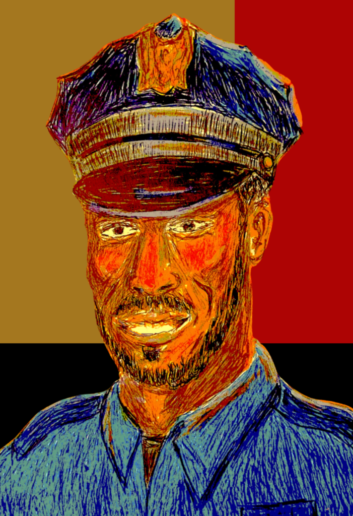 Image of an older Ali wearing a policeman's uniform.