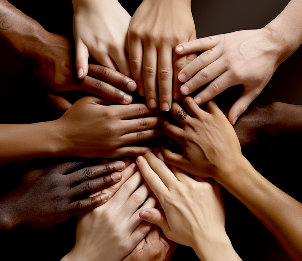 Multiple hands from different races and ethnicities touching each other. Image produced using Midjourney