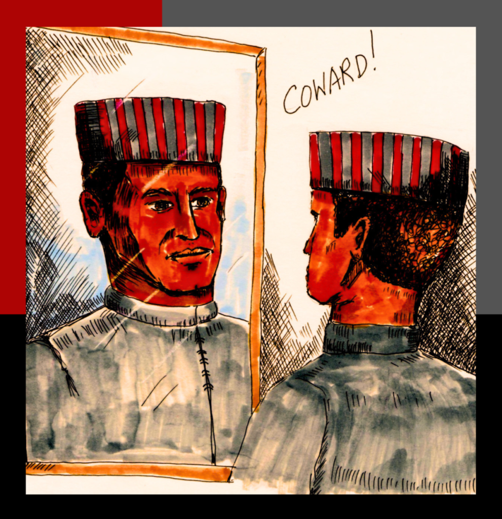 Ahmed looks in mirror.