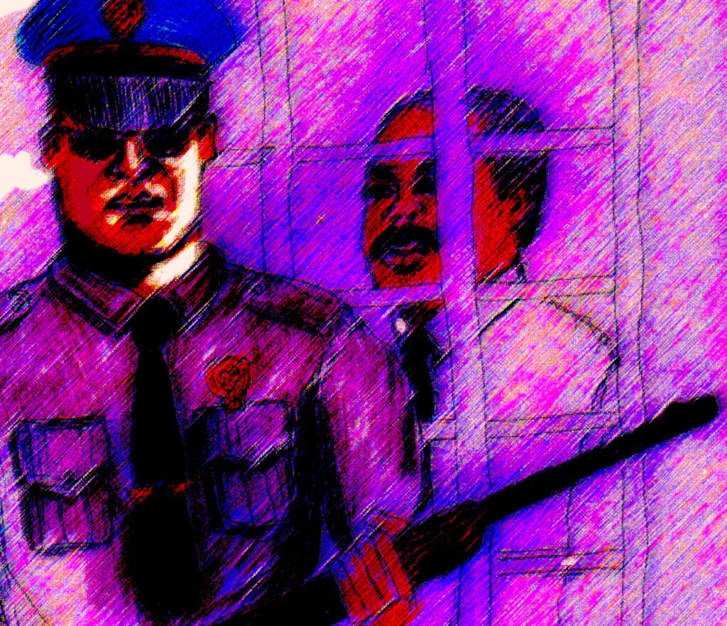 Policeman guarding a jailed prisoner.
