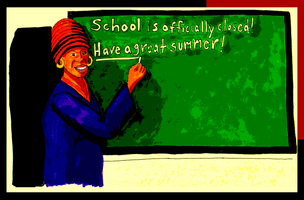 Teacher dismisses school for the summer.