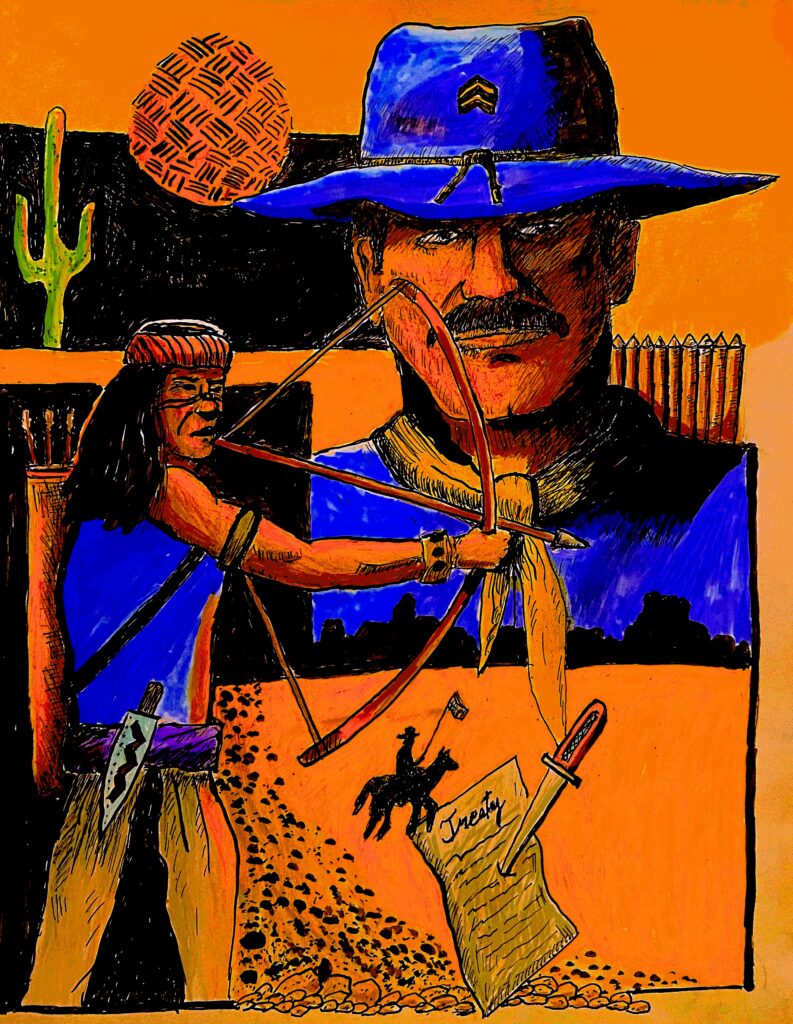 Montage illustration of cavalry soldier, Apache with bow and arrow, etc.