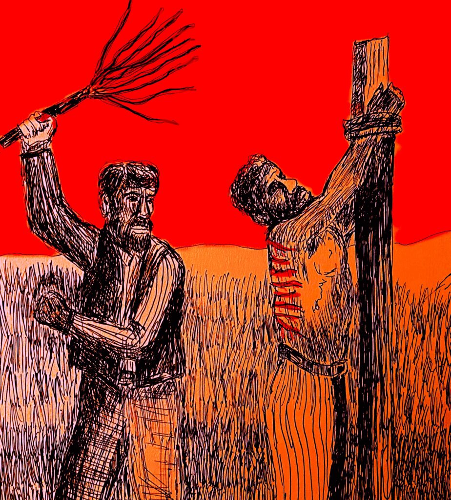 An enslaved man is tied to a whipping post and is being lashed.